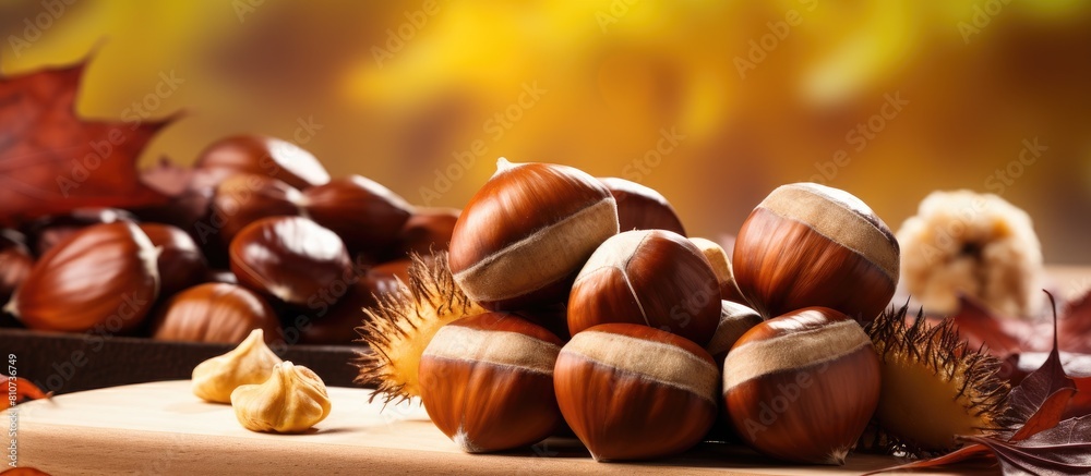 Poster Autumn themed food background with a close up of sweet raw chestnuts arranged on a cutting board creating a copy space image