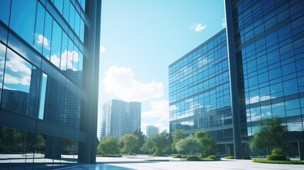 Exterior of a large glazed modern office building, business center on a bright sunny day. A deserted city street is reflected in the windows.