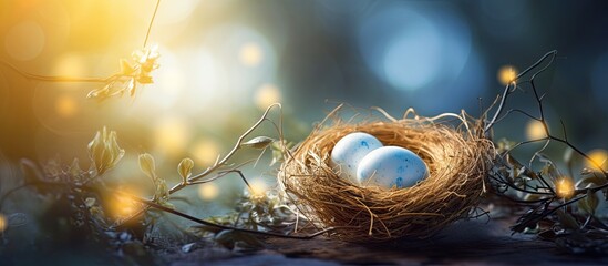 Blurred background with a nest egg creating an Easter themed atmosphere. Creative banner. Copyspace image