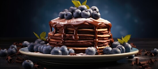 A copy space image featuring chocolate pancakes topped with juicy blueberries set against a dark background