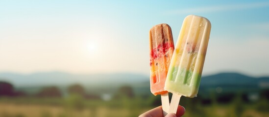 A summer setting with dry weather features two hands holding popsicle ice cream sticks of various flavors against a blurry background leaving ample copy space image 122 characters