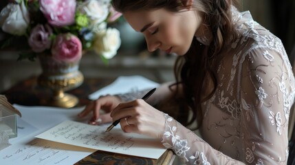 Modern Elegance: A woman in a contemporary setting, elegantly dressed, writing a wedding invitation card with modern calligraphy tools like a fountain pen and stylish stationery. Generative AI