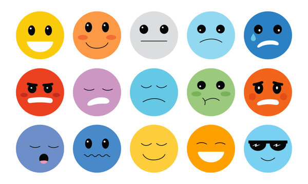 Moods and emotion faces illustration set. Cute cartoon style design of various character emoticons. Flat vector style emotes collection.
