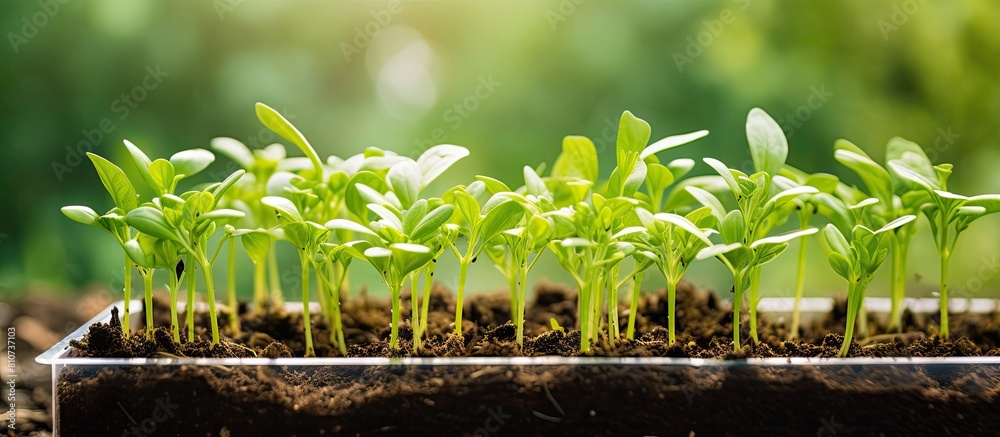 Poster close up of seedlings in an eco friendly container showcasing new green sprouts with a copy space im