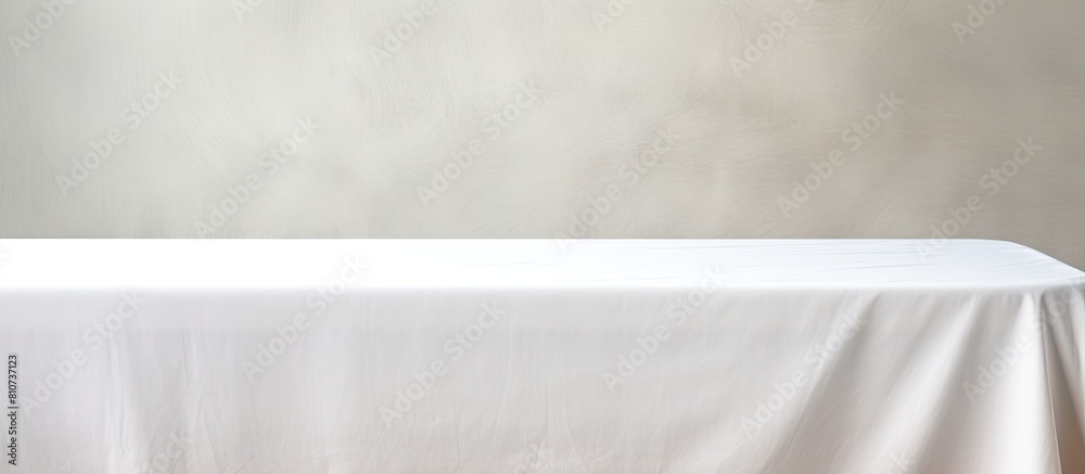 Fototapete A clean white tablecloth elegantly covers a pristine wooden table creating a visually pleasing arrangement with space available for adding text or images. Creative banner. Copyspace image