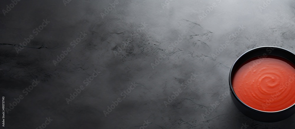 Poster a calming light casts over a gray stone background showcasing a black bowl filled with tomato soup v