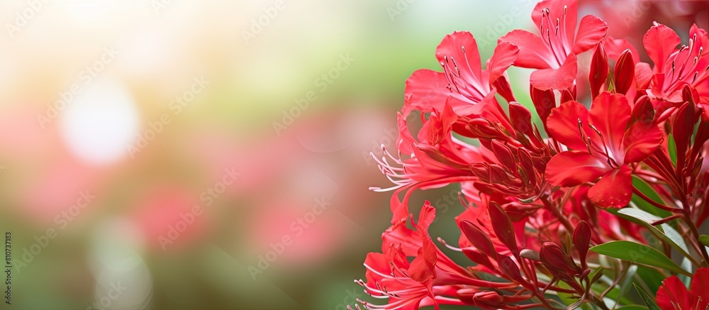 Poster Blooming red oleander flowers with a blurred bokeh background creating a visually appealing copy space image
