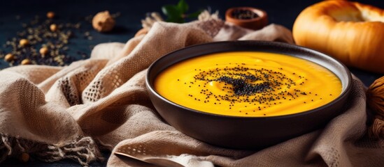 A copy space image of homemade cream pumpkin soup adorned with black cumin seeds served on a cozy knitted wool sweater