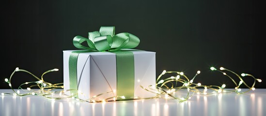 A white gift box adorned with a vibrant green shiny garland creating an elegant and festive display The image provides ample copy space