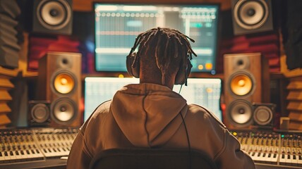 In a soundproof studio, an aspiring rapper records a new song.