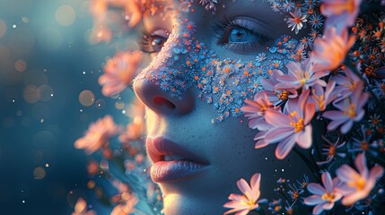 a close up of a woman s face with flowers on it - obrazy, fototapety, plakaty