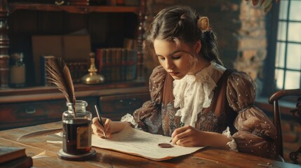 Vintage Romance: A woman sitting at a wooden desk with a quill pen, writing a romantic letter on parchment paper with a wax seal and vintage ink bottle beside her. Generative AI