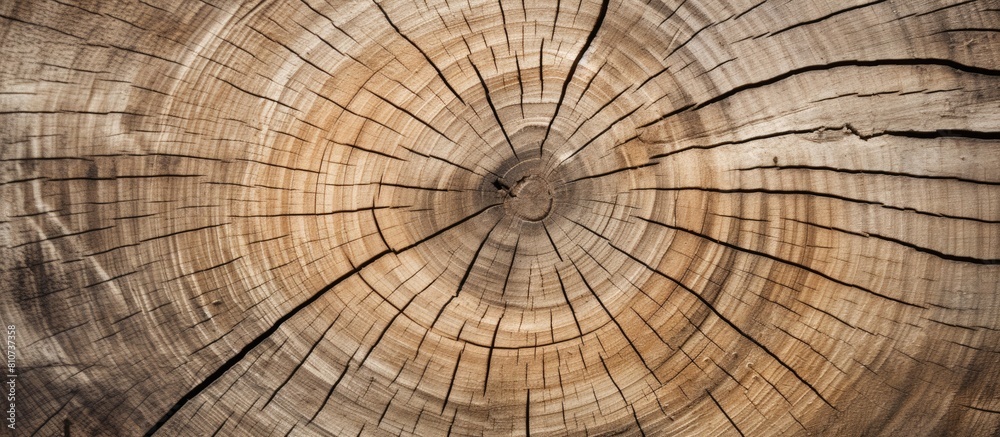 Aufkleber Aged tree with cracks displaying growth rings on a wooden cross section Abstract backdrop with a wood structure providing copy space