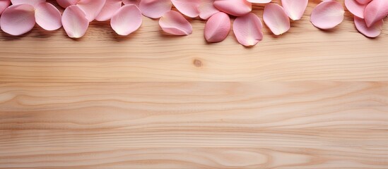 A top view of a mock up showcasing a pink rose petal pattern on a light wooden background A paper leaf adds to the natural aesthetic leaving ample copy space