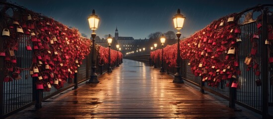The bridge in Krakow is adorned with love lockers creating a charming and romantic atmosphere. Creative banner. Copyspace image