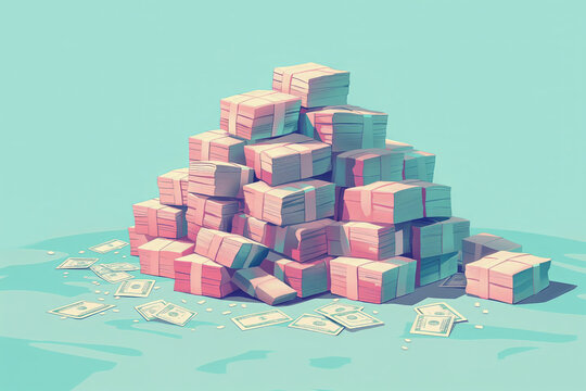Stacks of pink and blue money in a pile with a blue background.