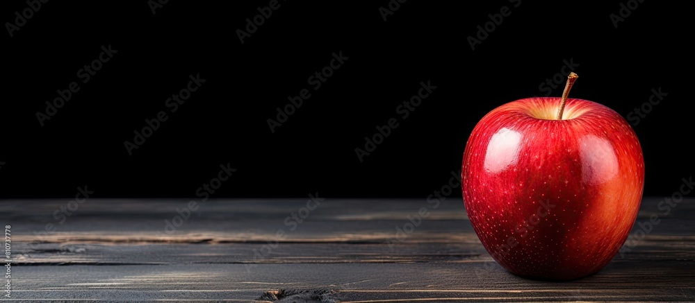 Poster a vibrant red apple resting on a black wooden table with plenty of copy space in the image