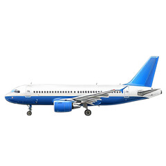 blue airplane is the safest and most efficient way to travel. isolated white background.