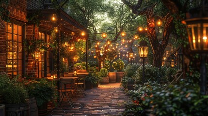 Cozy outdoor cafe setting with lush planters under soft lantern glow