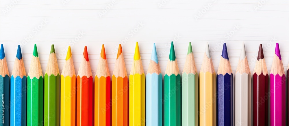 Poster colorful drawing pencils arranged on a white wooden surface creating an educational concept the dive