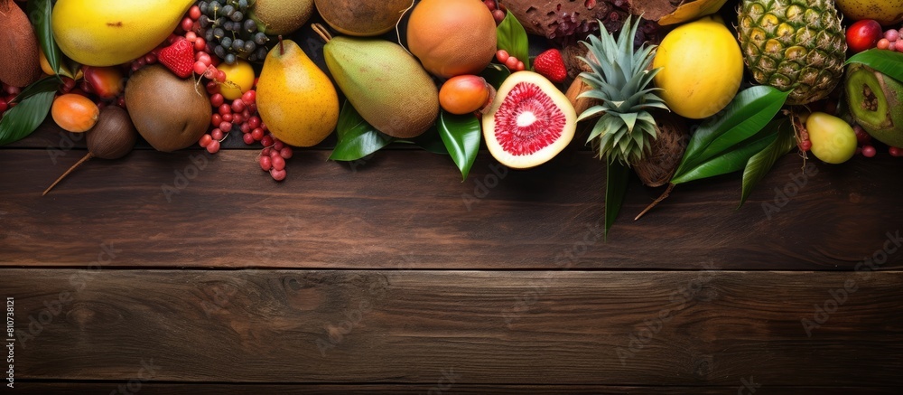 Aufkleber a selection of freshly picked tropical fruits including mango tamarind avocado and rambutan displaye