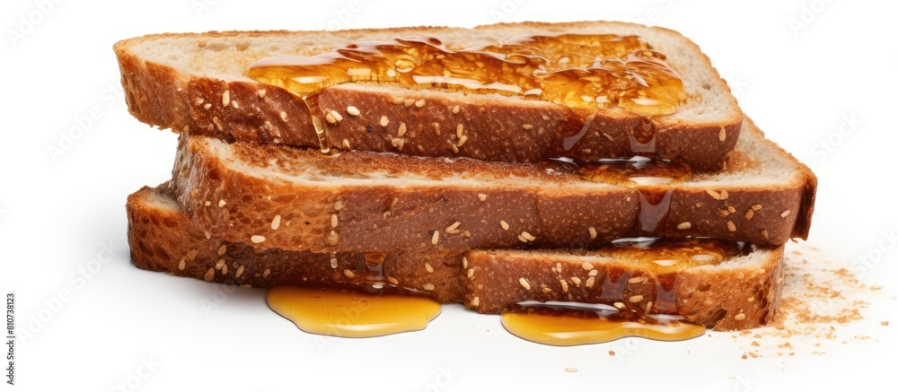 Poster Isolated on a white background a close up top view stack of moldy slices of organic sprouted honey wheat bread with flaxseed represents the concept of expired and unhealthy food The image includes a