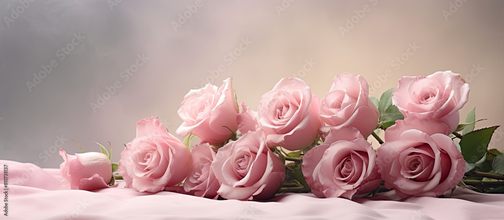 Poster a closeup image of a background with a bouquet of delicate roses provides ample copy space