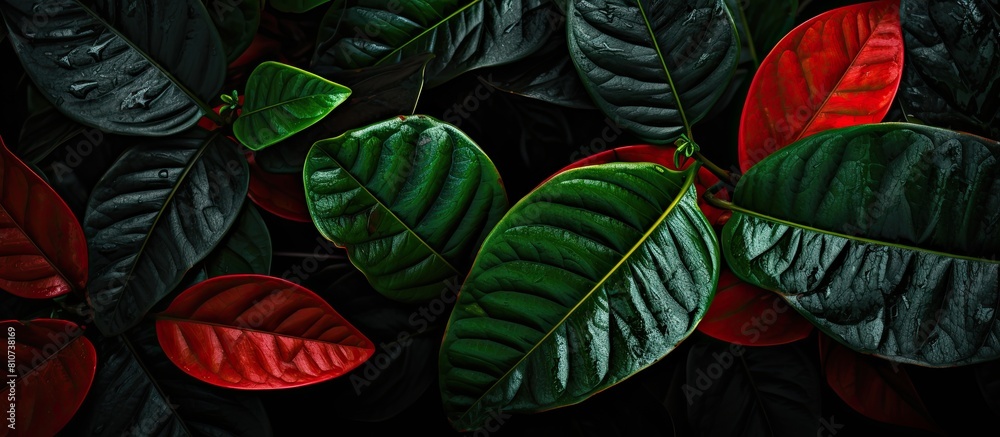 Poster Green leaves with red veins depicting the onset of autumn set against a black patterned backdrop creating a visually captivating copy space image