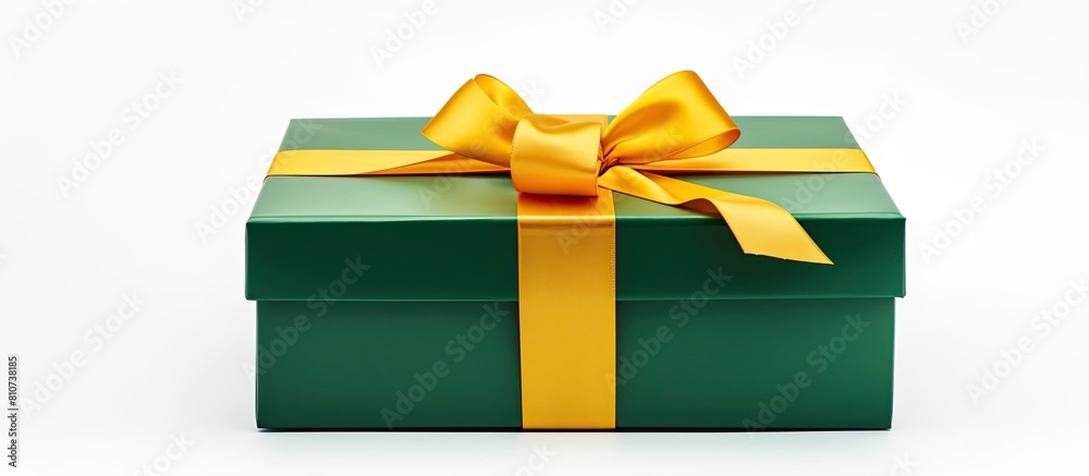 Poster isolated on a white background there is a cardboard green gift box with a golden yellow cover provid