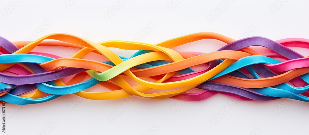 Leinwandbilder Top view of a multicolored rubber band pattern on a white background with copy space image