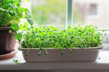 Fresh microgreens growing in a tray on a bright windowsill beside potted basil