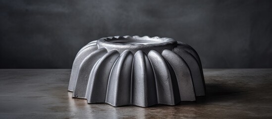 A vintage metal cake mold is showcased on a concrete backdrop revealing its inner side The image provides ample copy space for text - Powered by Adobe