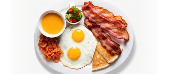 A top down view of a full American breakfast on a white background with plenty of space for additional images The breakfast includes sunny side up fried eggs crispy bacon hash browns fluffy pancakes