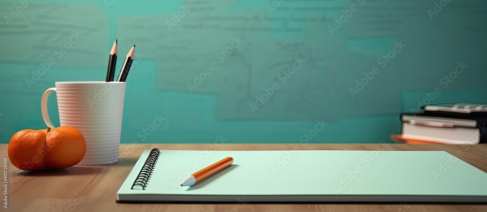 Leinwandbilder A close up of a table with a notebook blank sticky notes a pencil and ample copy space for an image