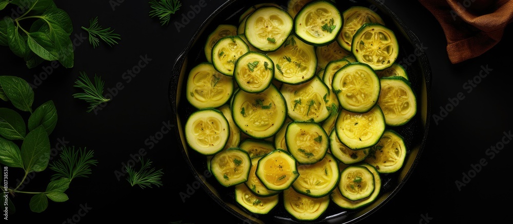 Poster A copy space image of young sliced courgettes frying in a pan on a dark background with zucchini in the background seen from a top view
