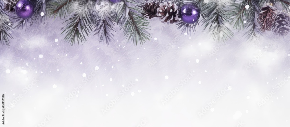 Poster Festive header with a snowy frame of purple Christmas decorations and pine twigs creating a holiday background with copy space image