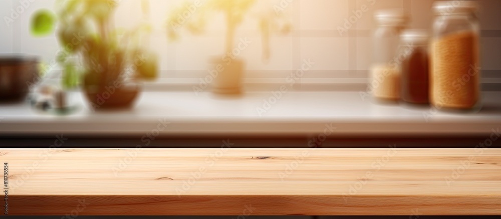 Poster a wooden table with a copy space image stands in front of a blurred background featuring a kitchen w