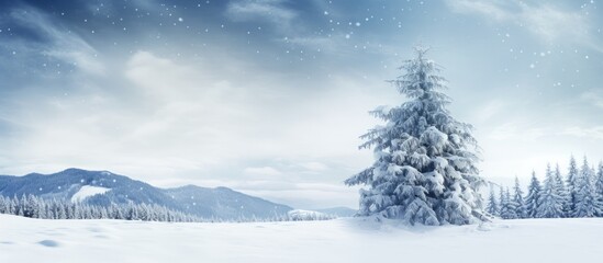 Fototapeta premium A stunning pine tree covered in snow creating a perfect backdrop for winter and Christmas holiday celebrations with plenty of copy space for images