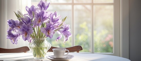 In a bright dining room a table and chairs are positioned near a window A beautiful bouquet of purple irises rests in a vase on the tablecloth creating an elegant copy space image © HN Works