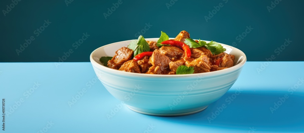 Poster a white bowl with panaeng curry and pork is placed on a blue background leaving copy space for addit