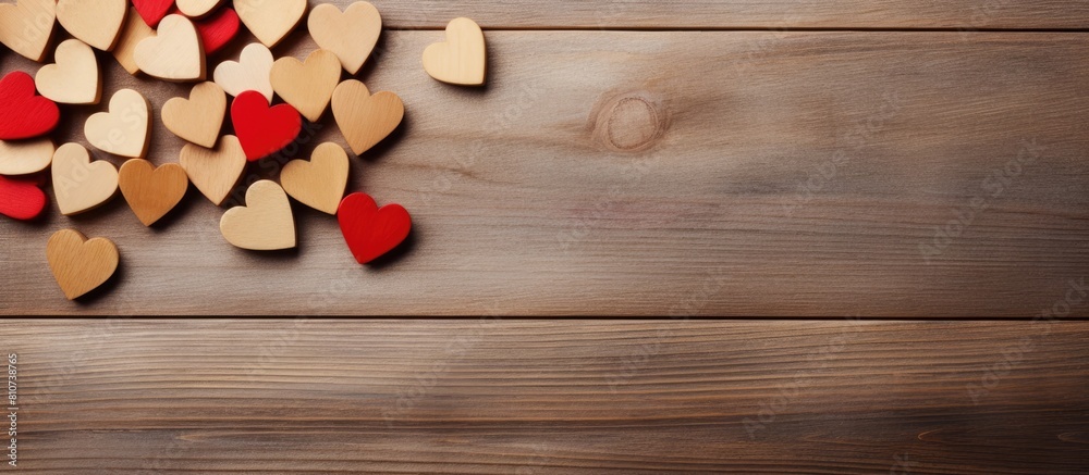 Aufkleber A copy space image of wooden letters spelling out LOVE is seen from a top view positioned over a table in a flat lay style