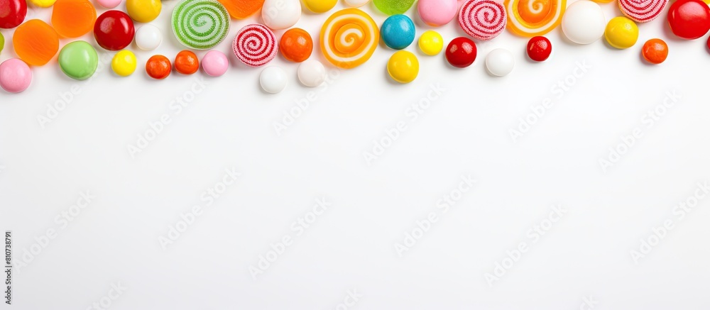 Poster Colorful candies arranged in a frame placed on a light background providing ample copy space for an image