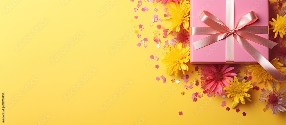 Aufkleber top view of a yellow background adorned with confetti and a pink gift box space is available for tex