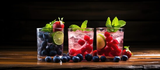 A copy space image featuring a picturesque arrangement of blueberry and strawberry mojitos on a rustic dark brown wooden backdrop adorned with ice cubes lime slices and berries The refreshing alcohol