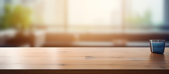 The image features a table top with a blurred interior as the background providing ample copy space