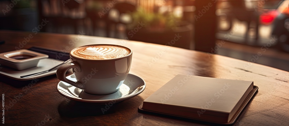 Poster A desk adorned with a steaming cup of coffee an open notebook and a smartphone providing ample space for additional images