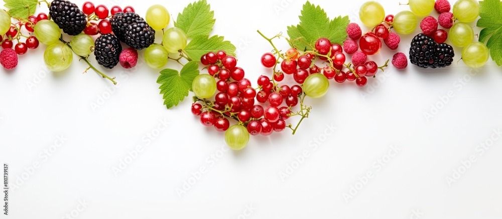 Leinwandbilder A close up top view or flat lay of summer currants raspberries and gooseberries arranged in the shape of a heart on a white background The design forms a border of berries with copy space image