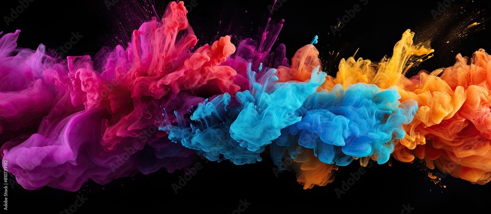 Aufkleber Colorful powder exploding creating an abstract pattern on a black background The freeze motion captures the vibrant energy of the image. Creative banner. Copyspace image