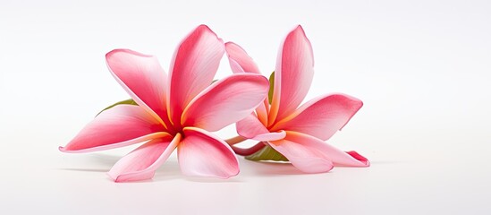 A stunning pink plumeria rubra flower stands alone on a white background creating a captivating copy space image