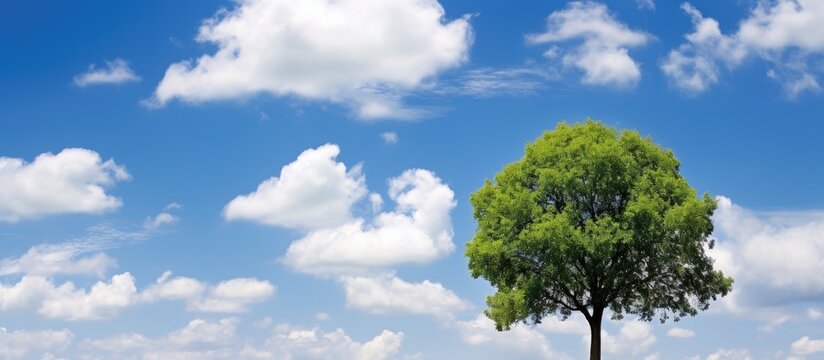 A tree stands tall against a backdrop of blue sky and white clouds offering a low angle view with ample empty space for copy This image represents international forest day go green initiatives earth